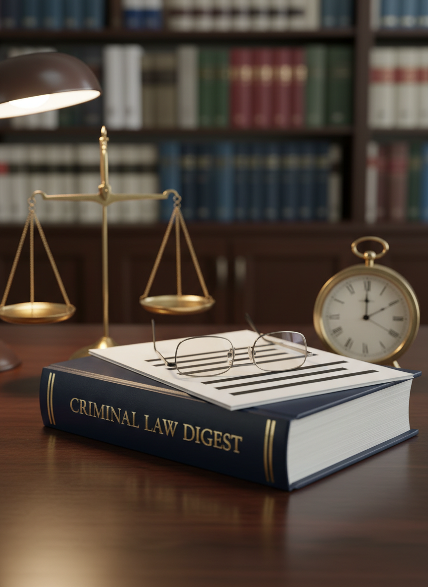 A detailed tabletop scene representing criminal defense work: a thick, closed criminal law book with a dark navy cover, a slim stack of redacted case documents with visible blacked-out lines, and a pair of reading glasses folded neatly on top. A small, simple brass desk scale and a classic analog clock sit nearby on the same dark wood desk, symbolizing balance and timeliness without guaranteeing outcomes. The background shows a softly blurred wall of legal volumes in a modest Marianna office library. Warm desk-lamp lighting combines with faint ambient room light, casting gentle, focused highlights on the book’s spine and glasses. Photographic realism, shot at a low, side angle with shallow depth of field, creates a serious, methodical, and composed atmosphere.
