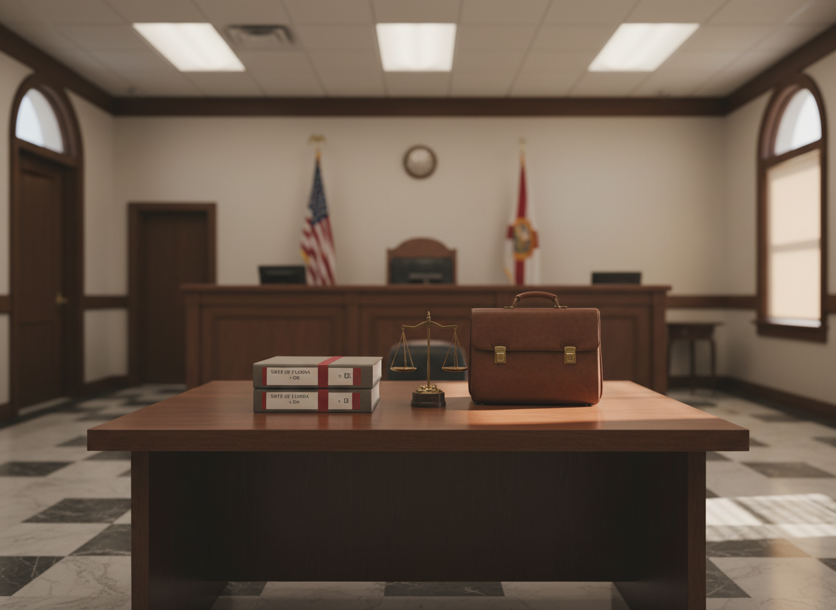 A dignified courtroom interior in Marianna, Florida, shown without people, focusing on a polished wooden counsel table with neatly stacked case files, a closed leather briefcase, and a small bronze scale of justice sculpture. The judge’s bench and American flag are softly blurred in the background, emphasizing the setting without promising any outcome. Warm, indirect overhead lighting and faint daylight from high windows create gentle reflections on the wood and subtle shadows on the floor. Captured at eye level in photographic realism with a clean, modern aesthetic, the composition uses the rule of thirds to keep the table dominant. The mood is professional, calm, and orderly, conveying serious, meticulous legal work in a local Panhandle courtroom.
