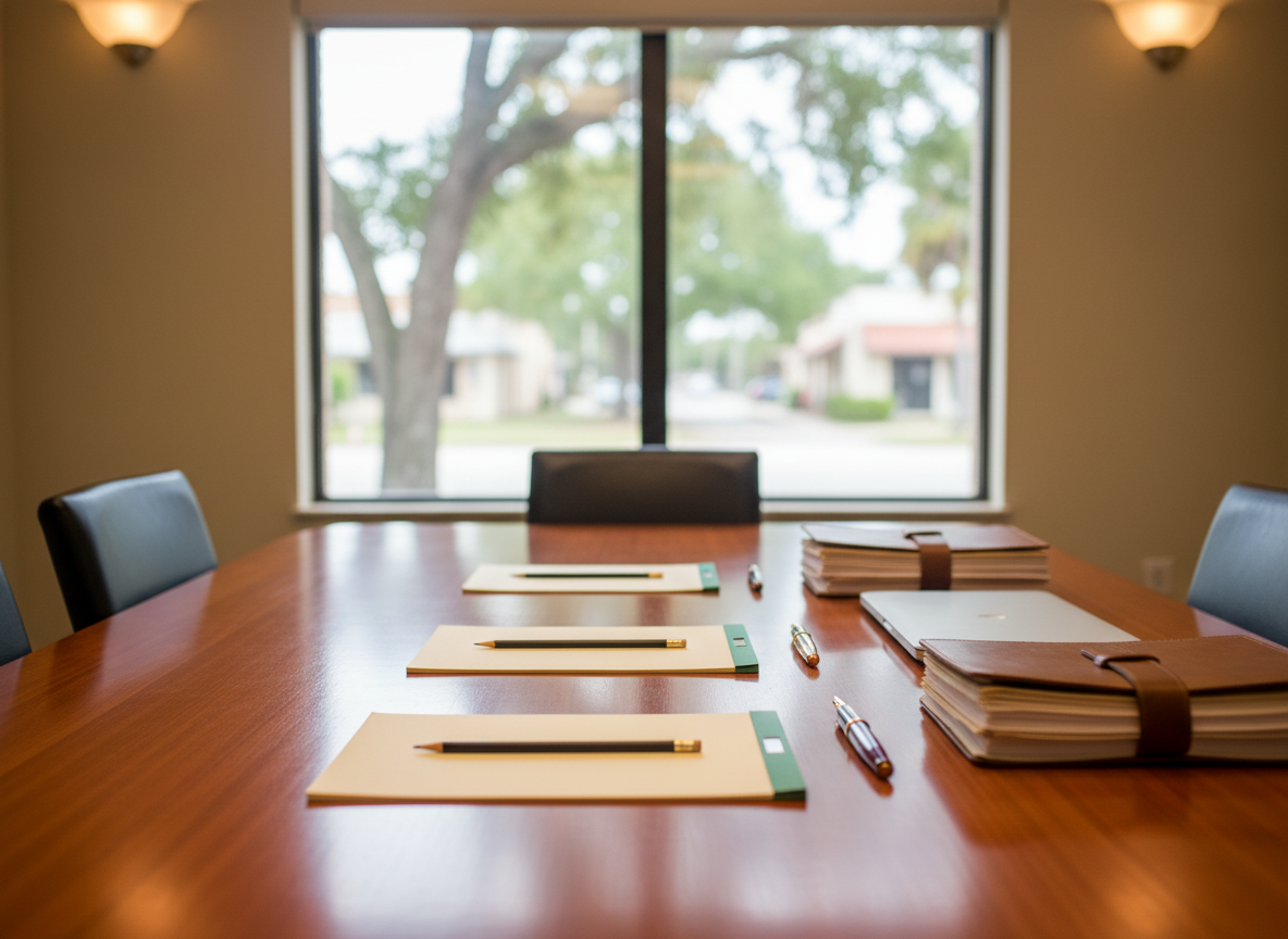 A close-up of a polished wooden conference table inside a Marianna, FL law office, with neatly arranged legal pads, fountain pens, a closed laptop, and a stack of organized folders labeled only with subtle color tabs instead of text. A large window in the background reveals soft hints of Southern greenery and a distant small-town street, slightly out of focus. Natural daylight pours in, supplemented by discreet recessed ceiling lights, producing a bright yet calm environment. Photographic realism at a slightly elevated angle with shallow depth of field keeps the workspace in crisp focus while the background blurs into a gentle bokeh. The mood is orderly, confident, and welcoming, emphasizing preparation and attention to detail in a professional criminal defense and eminent domain practice.